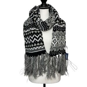 Old Navy Knit Scarf Unisex One Size Black White Fair Isle Fringe Nordic Cozy NEW
